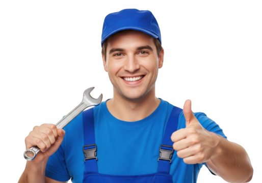 Smiling mechanic wearing blue overalls and cap holding a wrench and giving a thumbs up gesture isolated on transparent background