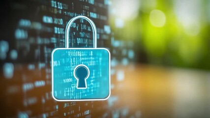 Digital Shield: A luminous digital padlock hovers against a backdrop of complex data streams and a blurred nature scape, symbolizing digital security and data protection. - Powered by Adobe