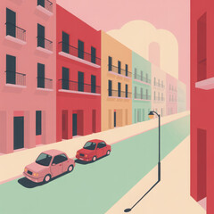 Vibrant city street with colorful buildings and cars 