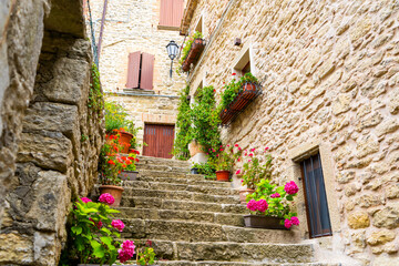 Steps old narrow street in San Marino. Stairs of houses with flowers. Europe travel. Grow Hydrangeas in Pot