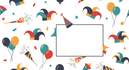 Festive party invitation or frame background with jester hats balloons confetti and a blank space.