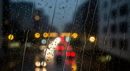 Rainy day window view background with blurred lights and raindrops wallpaper for desktop and mobile