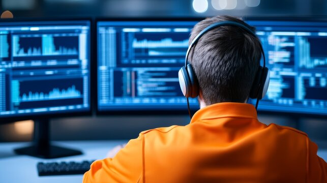 Person working at multiple computer screens while wearing headphones in a darkened room