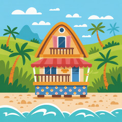 Tropical beach house illustration