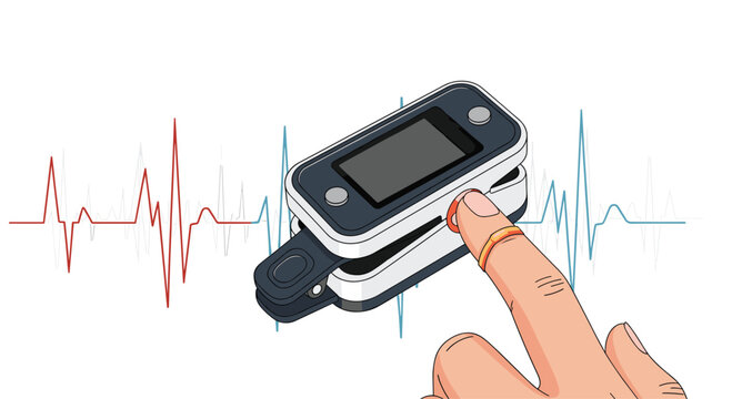Medical illustration of a finger inserted into a pulse oximeter showing a normal heartbeat reading.