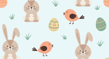 Obraz premium Cute seamless Easter pattern featuring adorable cartoon bunnies little birds and decorated eggs.