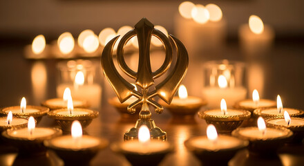 Sikh khanda symbol golden with candles religious faith spiritualism celebration peace and light design