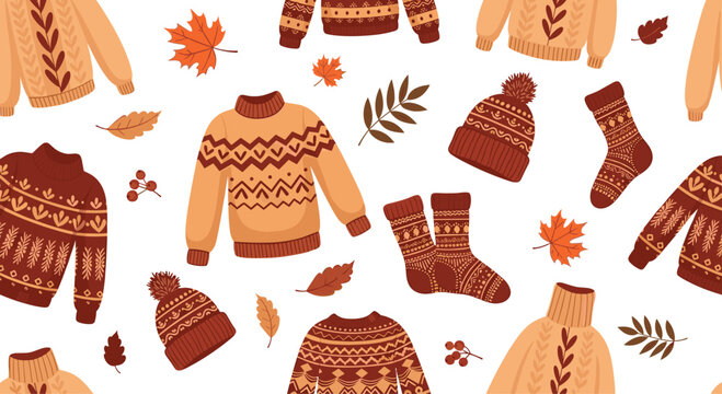 Cozy seamless autumn pattern with various knitted sweaters hats socks and colorful fall leaves.