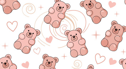 A seamless pattern with cute teddy bears hearts and plus signs in a soft palette suitable for romantic or children's designs.