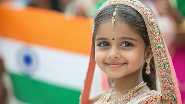 A young girl wearing a traditional Indian outfit and accessories, possibly for a cultural celebration or event