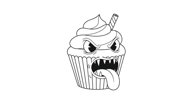 An outline drawing of a "monster" cupcake with a scary face perfect for coloring or as a distinctive graphic.