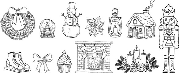 Hand drawn Christmas elements with wreath, snow globe, snowman, nutcracker, candles and festive decor. Vintage holiday sketch illustration