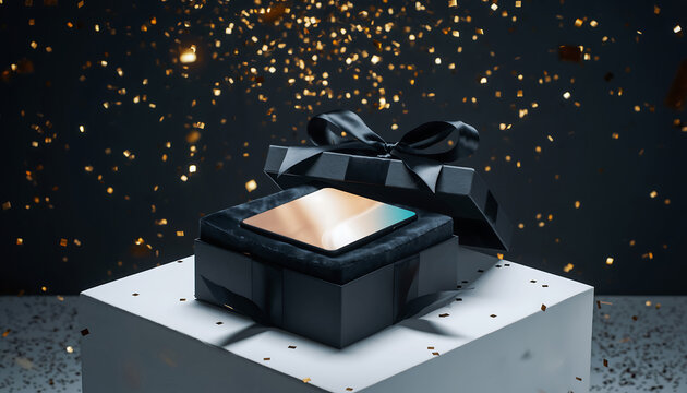 Elegant black gift box on a white pedestal unveils a premium golden card, surrounded by sparkling gold confetti for a festive celebration