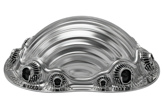 Futuristic chrome carapace with complex biomechanical details isolated on transparent background