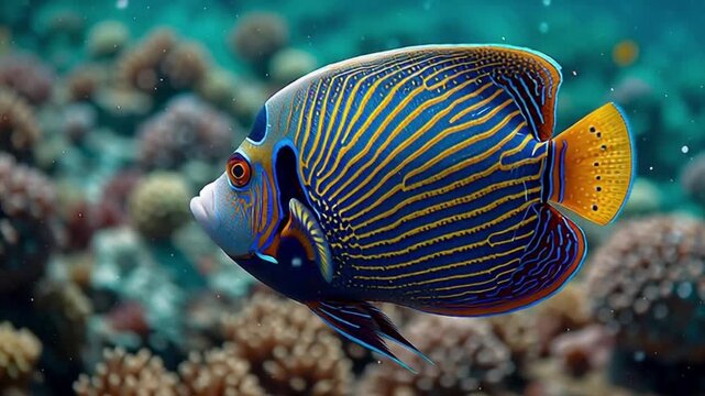 Emperor angelfish swimming gracefully in vibrant coral reef waters, a stunning underwater scene showing marine life in its natural habitat