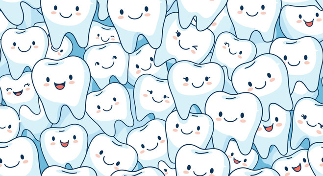 A seamless pattern of cute happy cartoon teeth offers a fun way to promote dental health and hygiene.