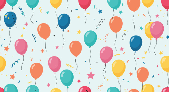 A festive seamless pattern of colorful balloons and confetti is ideal for birthdays and celebrations.