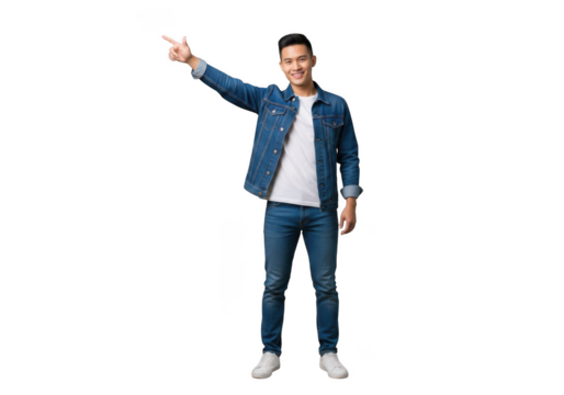 A young asian man wearing a denim jacket and jeans points his finger upwards and to the left isolated on transparent background