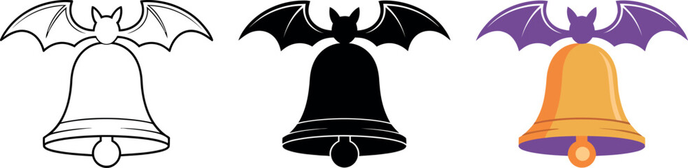 Halloween bat bell vector illustration set spooky season design elements monochrome and colorful