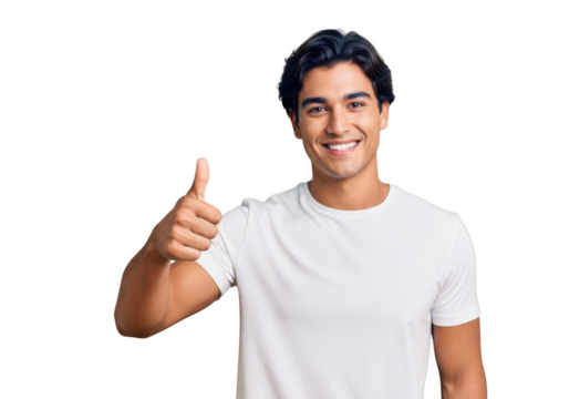 A smiling young man wearing a white t shirt gives a thumbs up gesture of approval and positivity isolated on transparent background