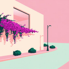 Minimalist urban corner with cascading bougainvillea 