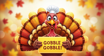 Cartoon turkey with chef hat holding a sign "Gobble Gobble", with colorful feathers on a bokeh background, representing Thanksgiving day celebration