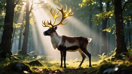 Majestic magical deer with glowing golden antlers standing in a sunlit forest glade.