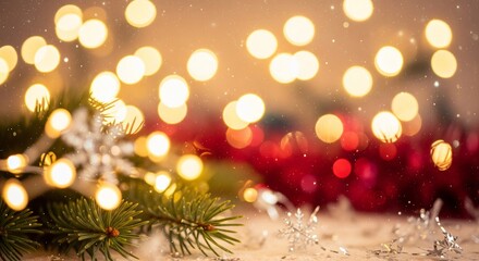 Enchanting holiday background with shimmering golden bokeh lights and festive decorations, evoking the joyous spirit of a winter Christmas celebration