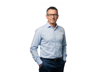 Professional businessman wearing glasses and a light blue button down shirt with hands in pockets isolated on transparent background
