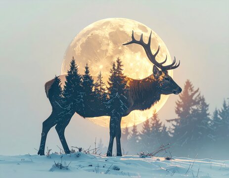 Deer silhouette moonlight forest