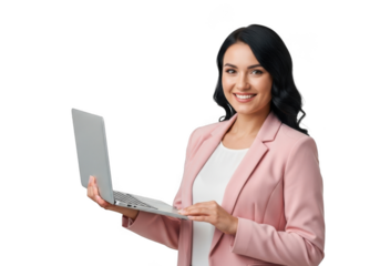Professional businesswoman smiling and holding an open laptop computer with a digital screen displaying information isolated on transparent background