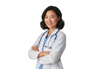 Professional asian female medical practitioner wearing a white lab coat and stethoscope with arms crossed smiling confidently isolated on transparent background