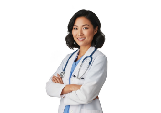 Professional asian female medical practitioner wearing a white lab coat and stethoscope with arms crossed smiling confidently isolated on transparent background