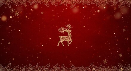 Enchanting golden reindeer silhouette shines brightly on a rich festive red background, framed by elegant gilded foliage and sparkling snowflakes, perfect for joyous holiday celebrations