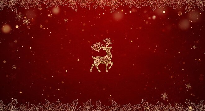 Enchanting golden reindeer silhouette shines brightly on a rich festive red background, framed by elegant gilded foliage and sparkling snowflakes, perfect for joyous holiday celebrations