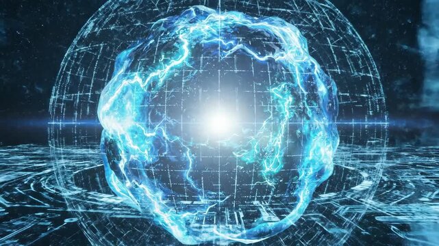 Abstract digital sphere with energy core over circuit board background
