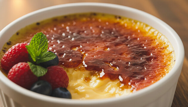 Creamy crème brûlée with caramelized sugar crust topped with fresh berries and mint, perfect gourmet dessert image for food photography and menus.