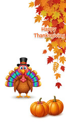 Fototapeta premium Cartoon illustration with leaves, pumpkins, and turkey wearing hat. Festive and celebratory, symbolizing Thanksgiving, harvest and autumn themes