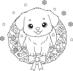 Cute Puppy in Christmas Wreath Coloring Page – Holiday Dog Line Art with Bow, Holly and Snowflakes
