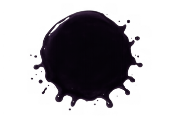 Black liquid ink splash or splatter creating an abstract blot shape with drops, isolated on transparent background