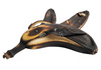 A decaying banana peel isolated on transparent background, showing signs of decomposition, a discarded fruit waste, and a reminder of the cycle of life