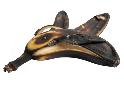 A decaying banana peel isolated on transparent background, showing signs of decomposition, a discarded fruit waste, and a reminder of the cycle of life - Powered by Adobe