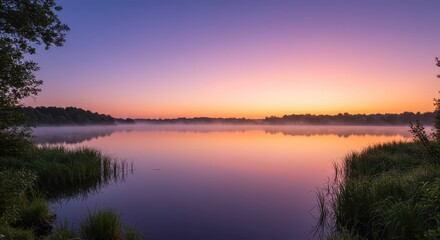 Fototapeta premium Serene water body reflects a colorful sky at dawn above a misty shoreline.