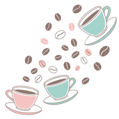 Coffee cups and beans floating isolated on in a whimsical style