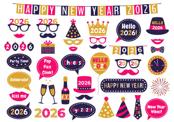 New Year 2026 photo booth props set with hats, glasses, crowns, speech bubbles, champagne, and party elements