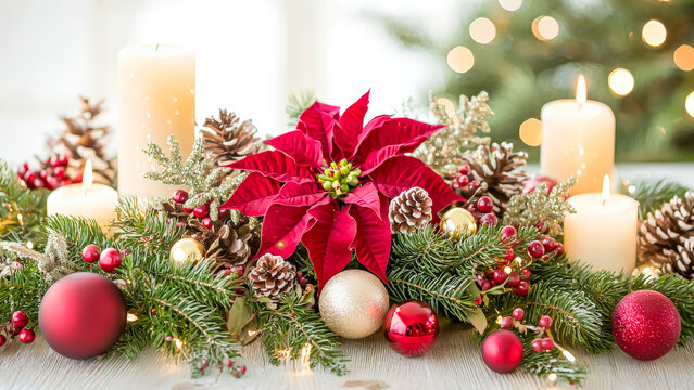 Decorative Holiday Centerpiece With Red Poinsettia, Candles, and Festive Ornaments