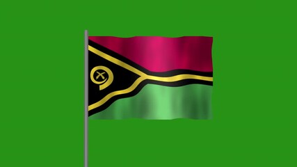 Flag of Vanuatu, Pole flag of Vanuatu on Green screen chroma key, Vanuatu 3D Animation flag waving in the wind isolated on Green Background.