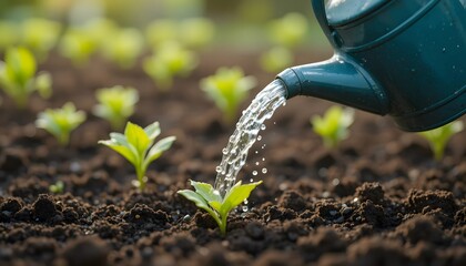  Macro of a watering can pouring a thin stream of water onto newly planted soil.