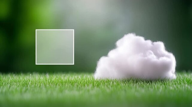 Cloud on green grass with Square: A fluffy cloud rests serenely on a vibrant bed of green grass, with a translucent square hovering nearby.