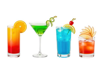 Colorful assorted cocktails drinks isolated on transparent background